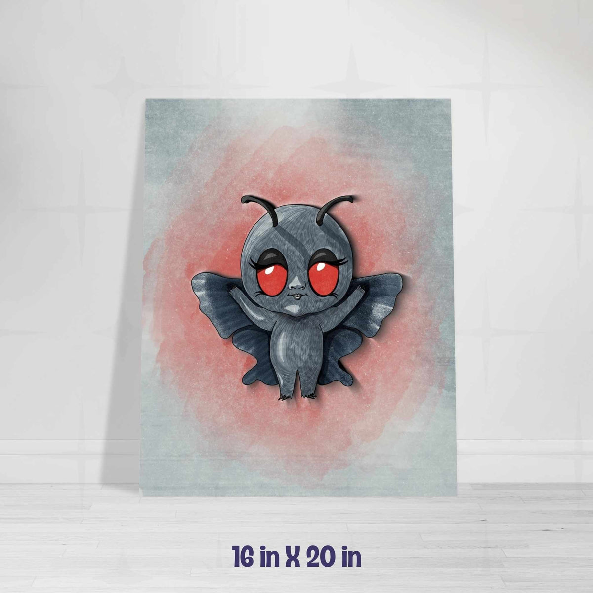 Mothman art print in the 16x20 inch size, leaning against a navy blue wall on a light wood floor.