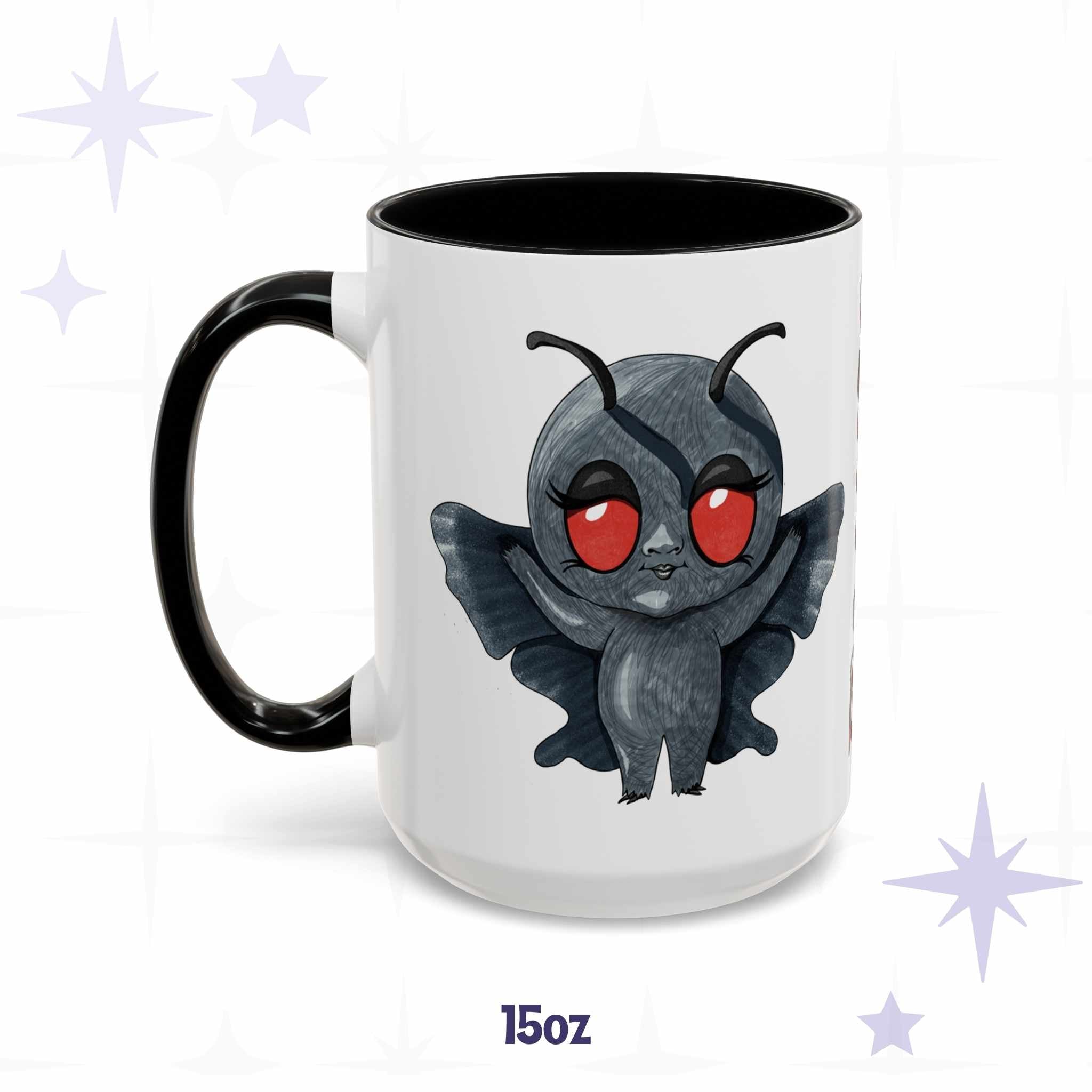 Cute Mothman cryptid mug in 15 oz, white with black accent handle and rim