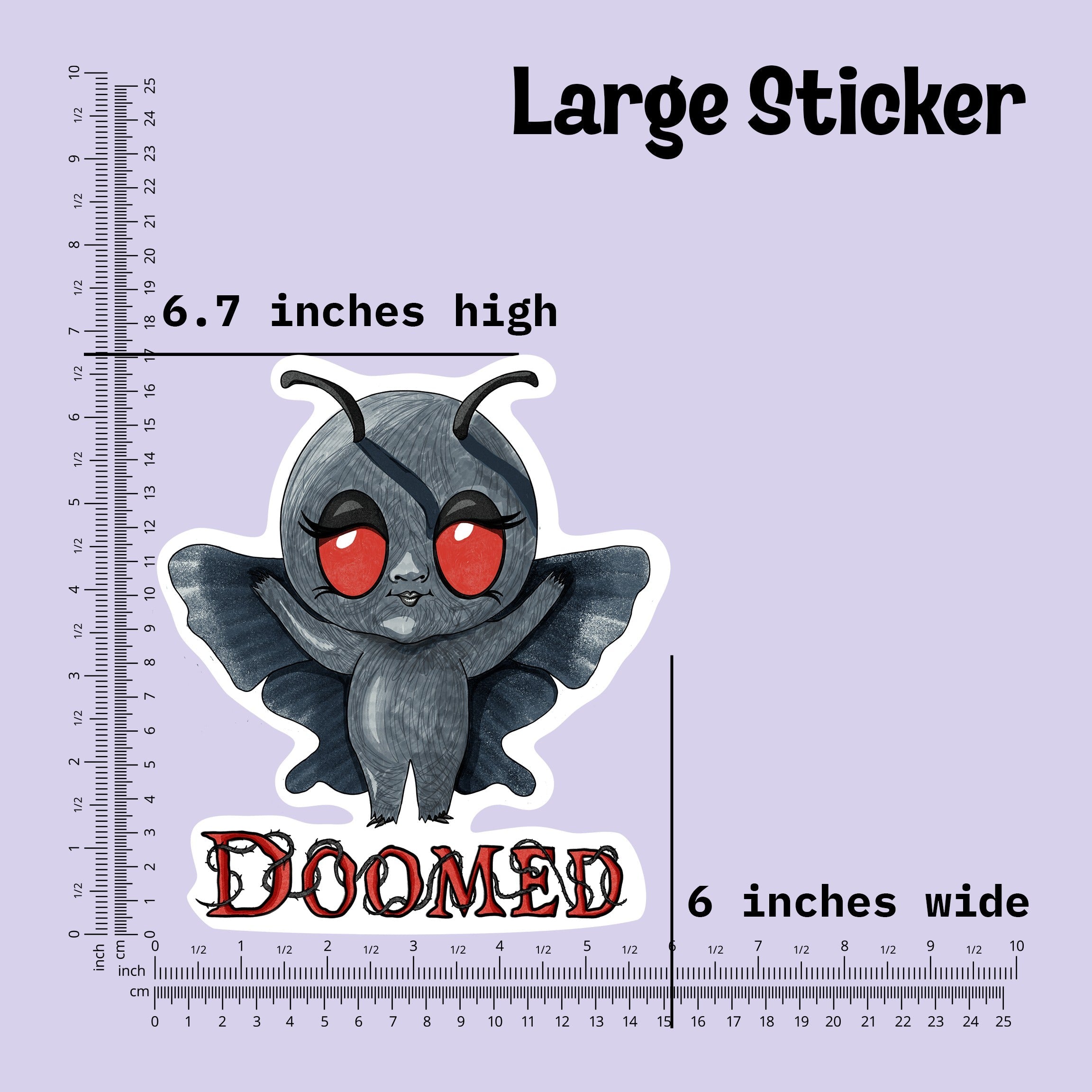 Large Mothman sticker measured at 6.7 inches high and 6 inches wide