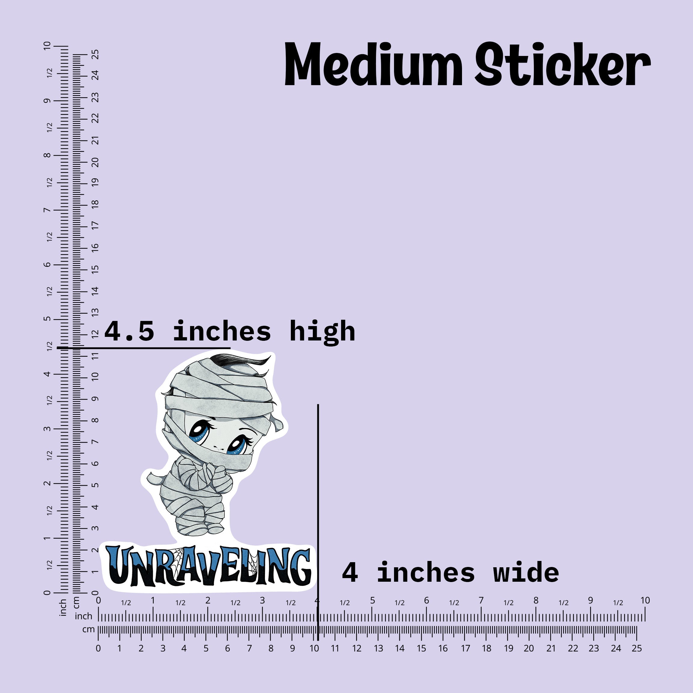 Medium mummy sticker measured at 4.5 inches high and 4 inches wide