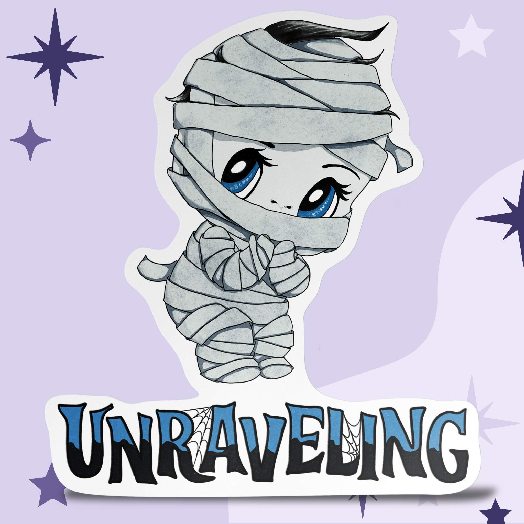 Chibi mummy sticker with blue eyes and gray linen wrappings above webbed UNRAVELING lettering on a lavender starry background