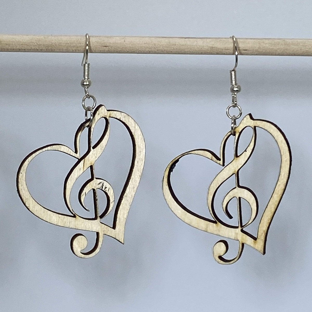 Music Treble Clef Heart Wooden Dangle Earrings - - Cate&