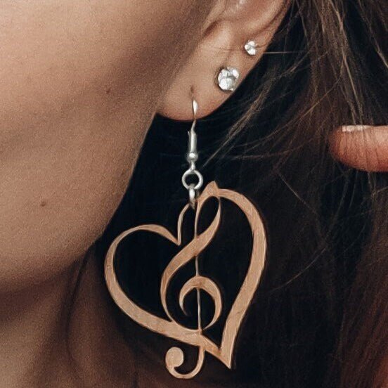 Music Treble Clef Heart Wooden Dangle Earrings - - Cate&