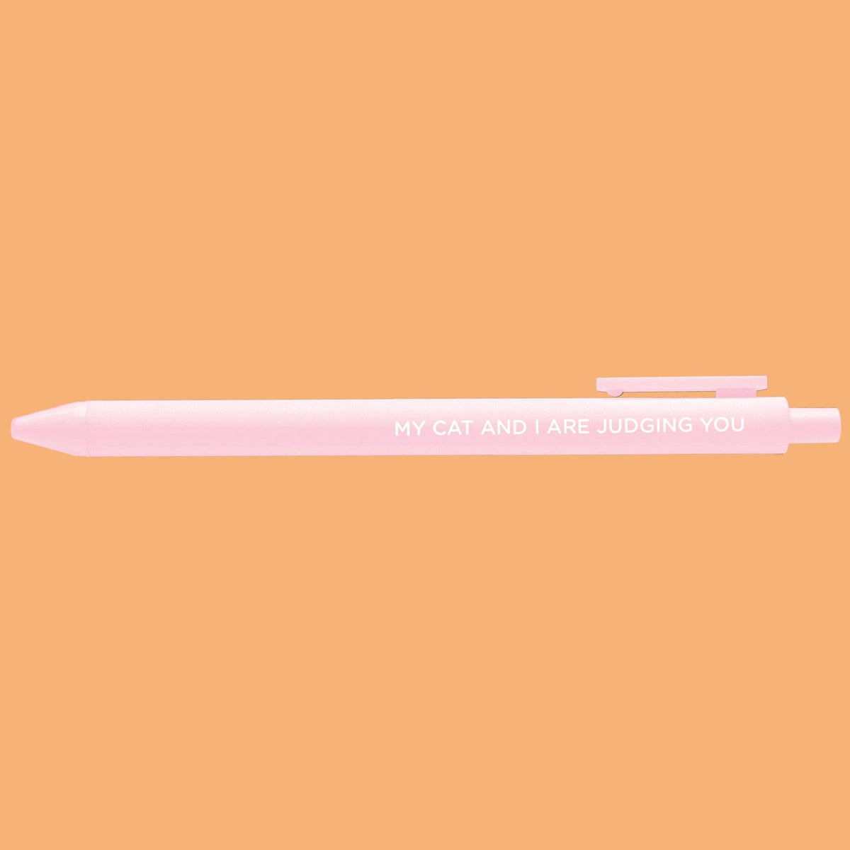 My Cat and I Are Judging You pen — blush pink barrel cat lover gel pen by MangoIllustrated