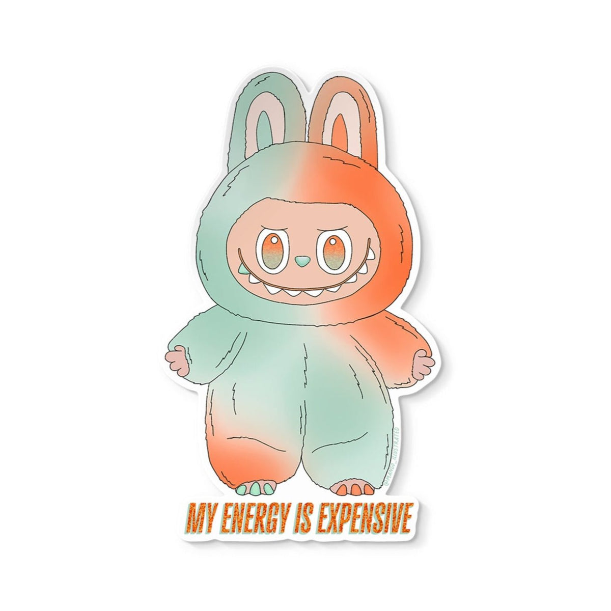 My Energy is Expensive Monster sticker — teal and orange gradient monster character with the lettering my energy is expensive, approximately 3 in x 3 in, by MangoIllustrated