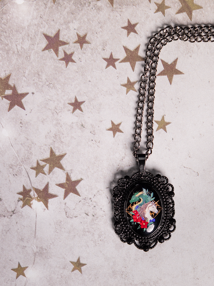 Dragon & Unicorn Necklace with Hand-Painted Acrylic Painting