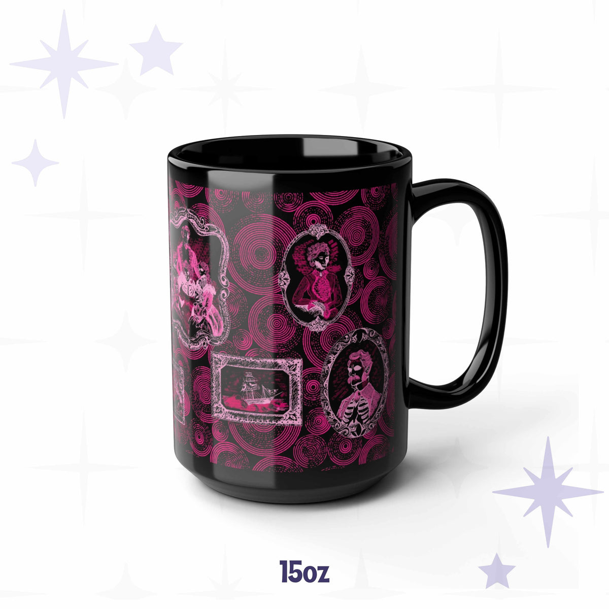 15 oz pink portrait gallery mug showing an undead matriarch, a ribcage gentleman, and a ghost ship in ornate frames
