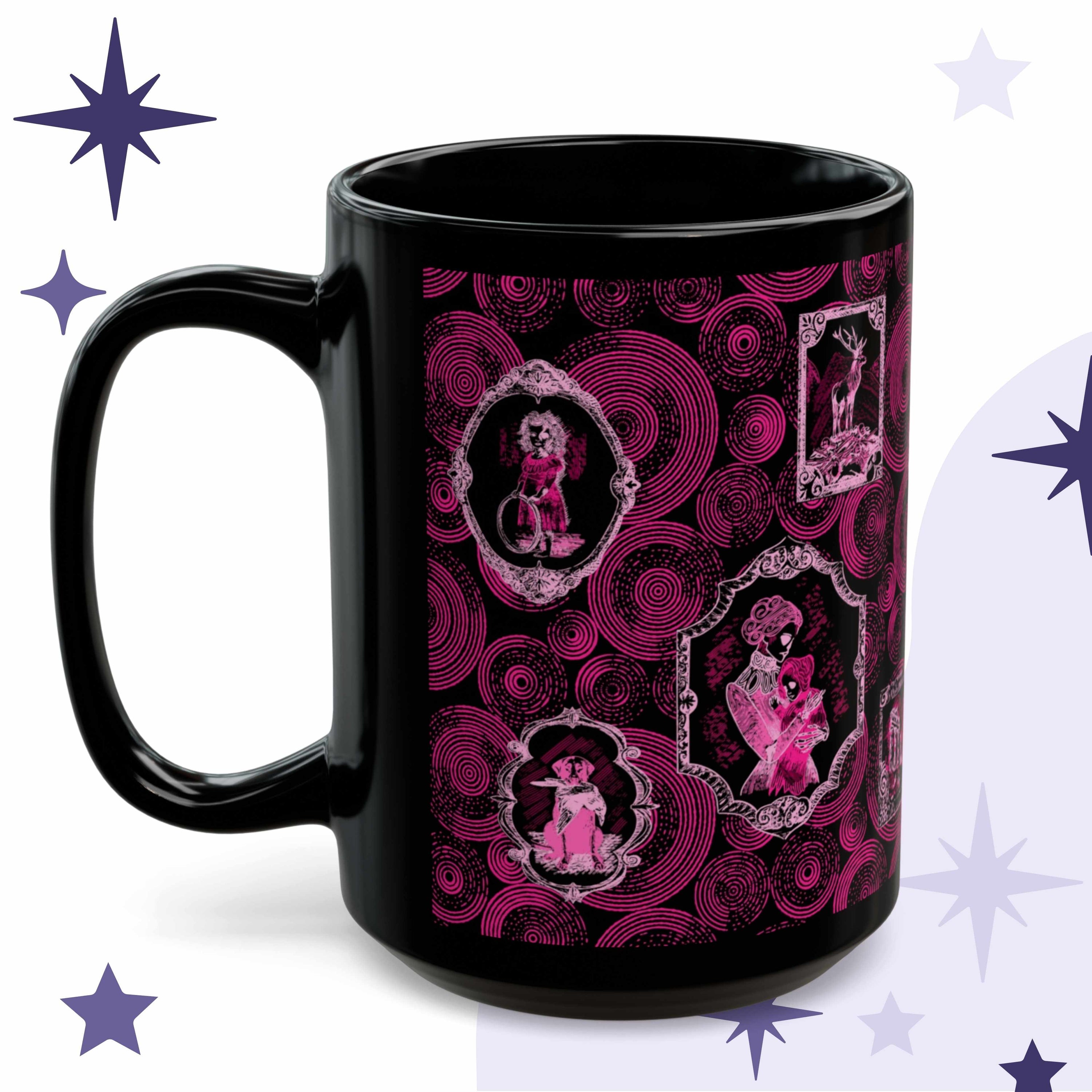 Neon pink zombie portrait gallery mug in black ceramic with Victorian frames holding a child with a hoop, a stag on bones, and a dog with a dead raven
