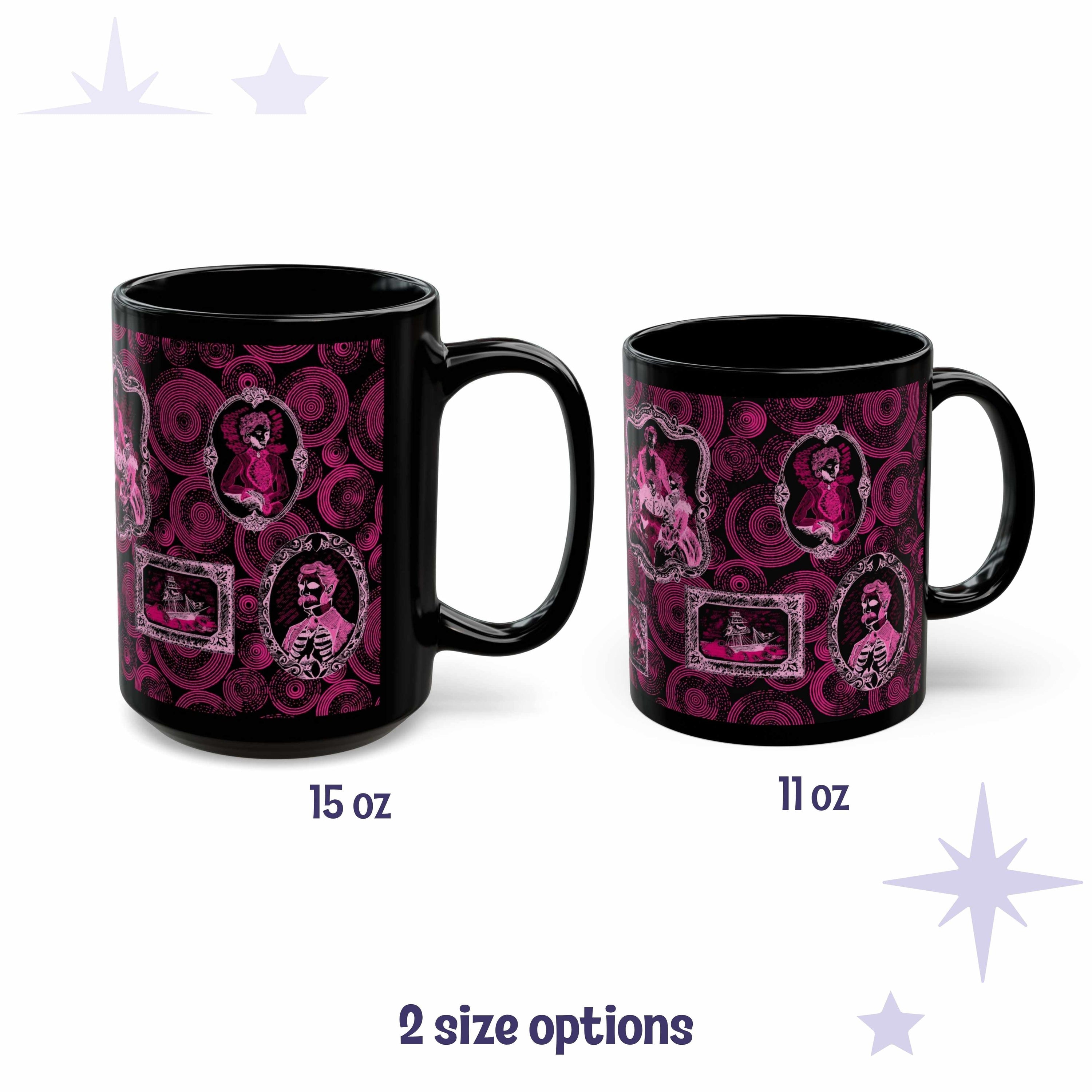 Pink Victorian zombie portrait gallery mug shown in 15 oz and 11 oz sizes side by side