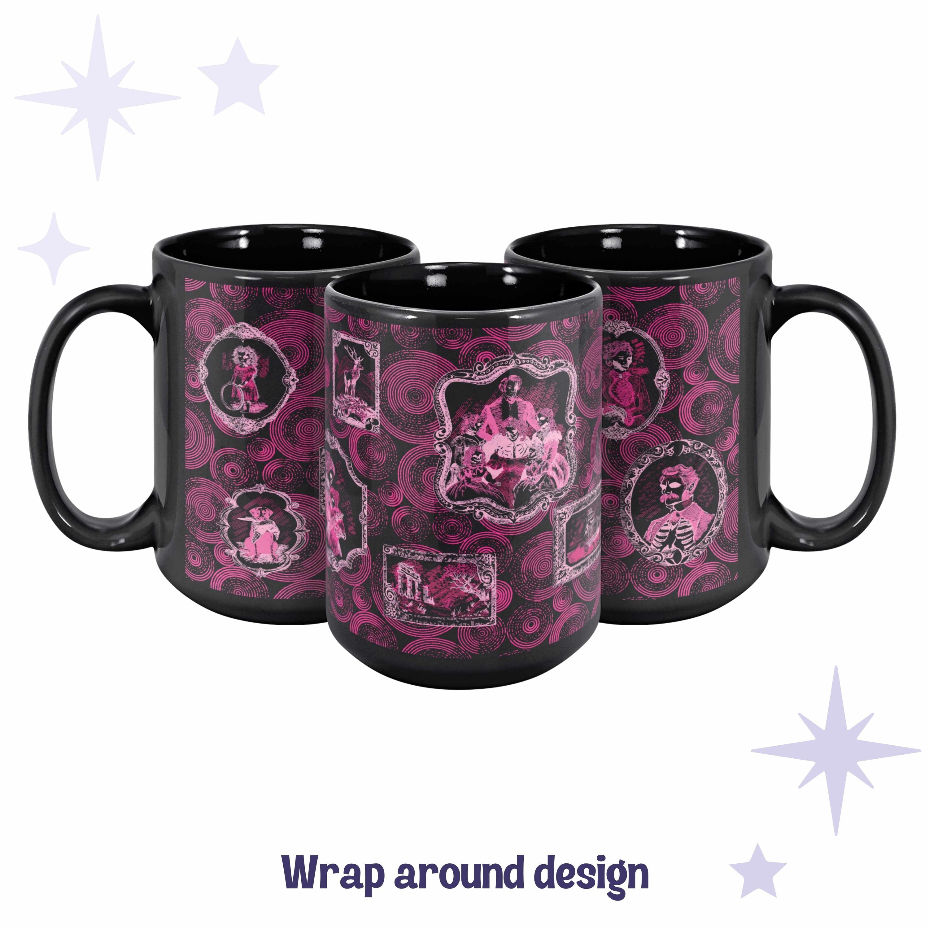 Three black ceramic mugs arranged to show the full wrap around magenta Victorian zombie portrait gallery pattern