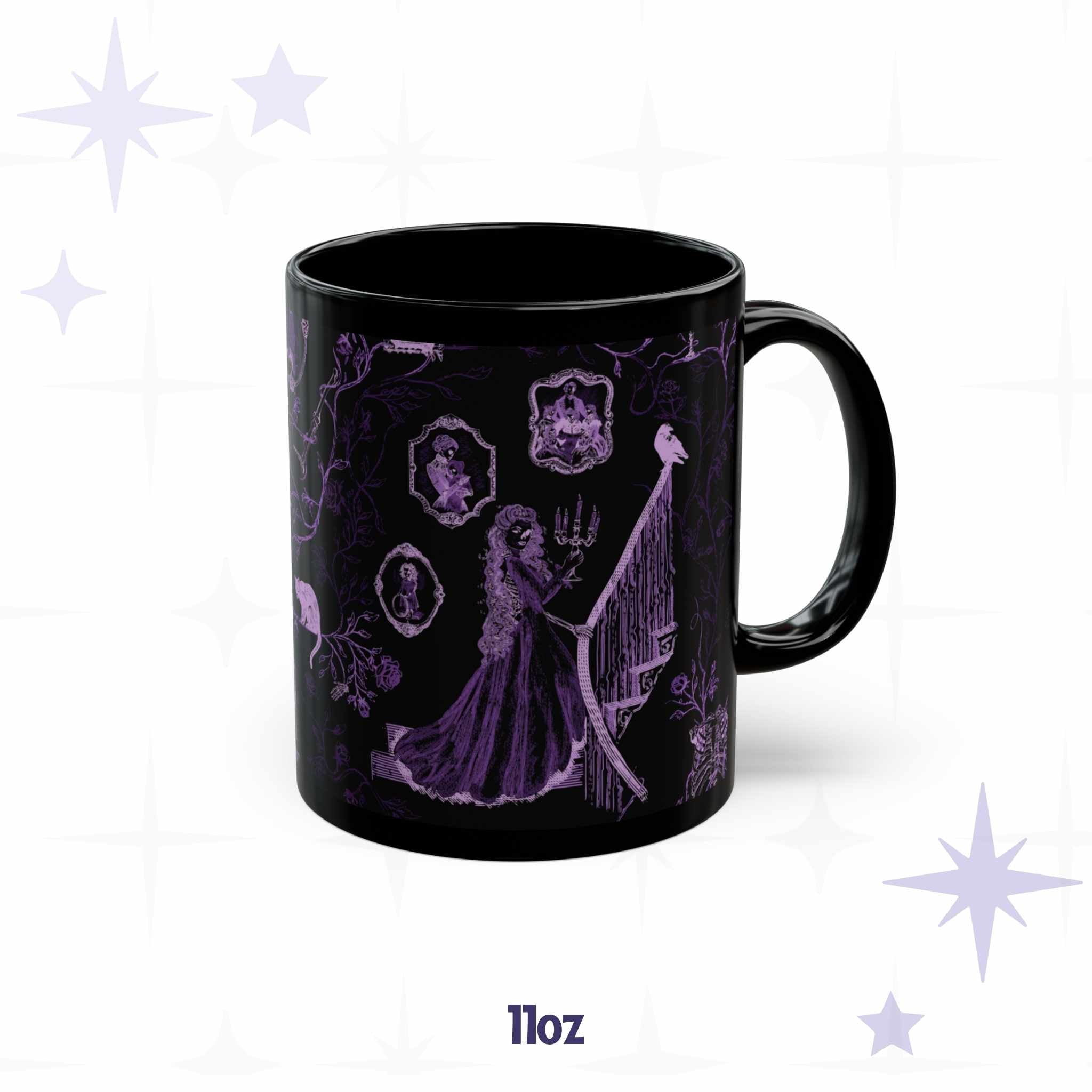 11 oz neon purple toile mug with cameo portraits, a raven on the newel post, and a rib cage in the roses