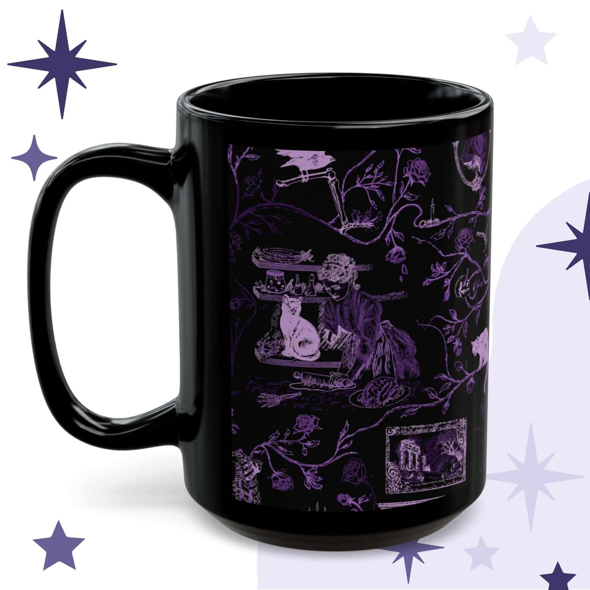 Neon purple zombie toile mug in black ceramic showing an undead hostess in a kitchen with a white cat, jars on a shelf, and a brain on a plate