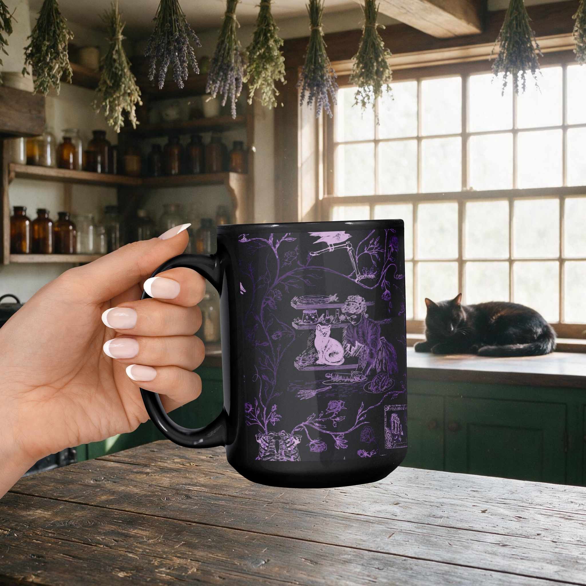 Hand holding a purple zombie toile mug in a witchcore kitchen with apothecary jars, drying lavender, and a black cat asleep in the window