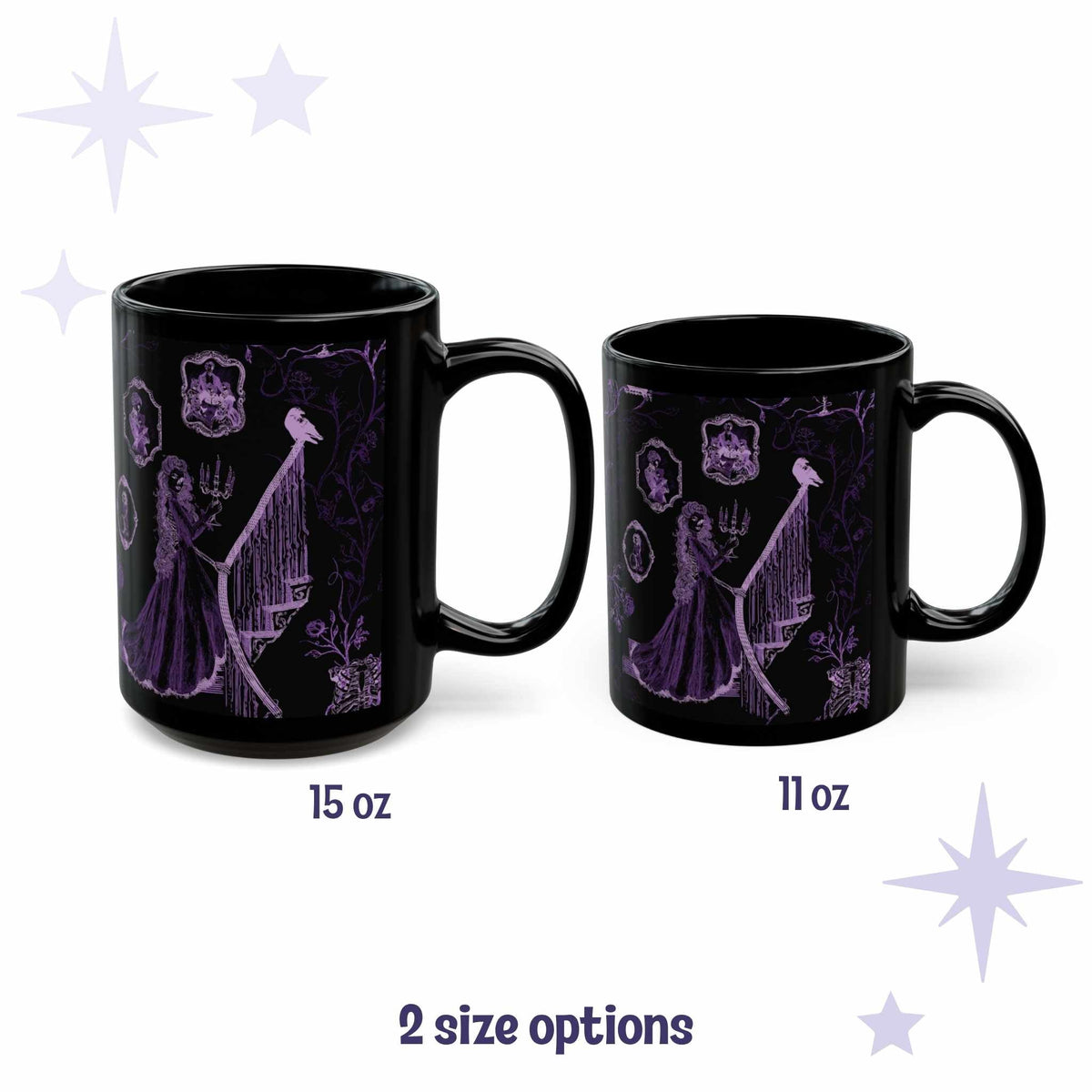 Purple Victorian zombie toile mug shown in 15 oz and 11 oz sizes side by side