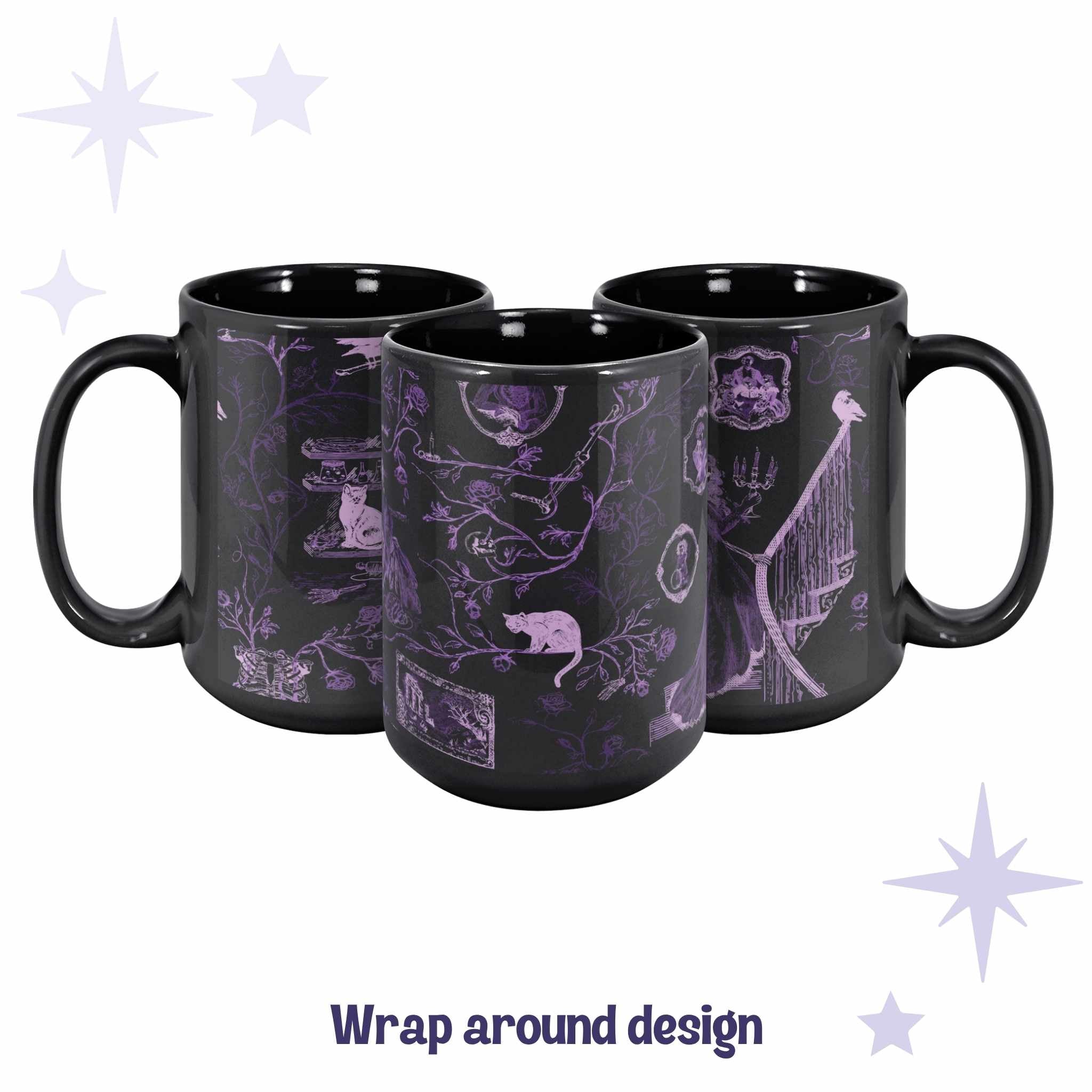 Three black ceramic mugs arranged to show the full wrap around violet Victorian zombie toile pattern