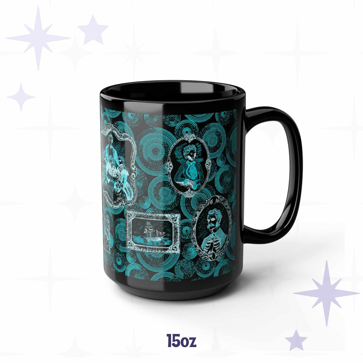 15 oz teal portrait gallery mug showing an undead matriarch, a ribcage gentleman, and a ghost ship in ornate frames