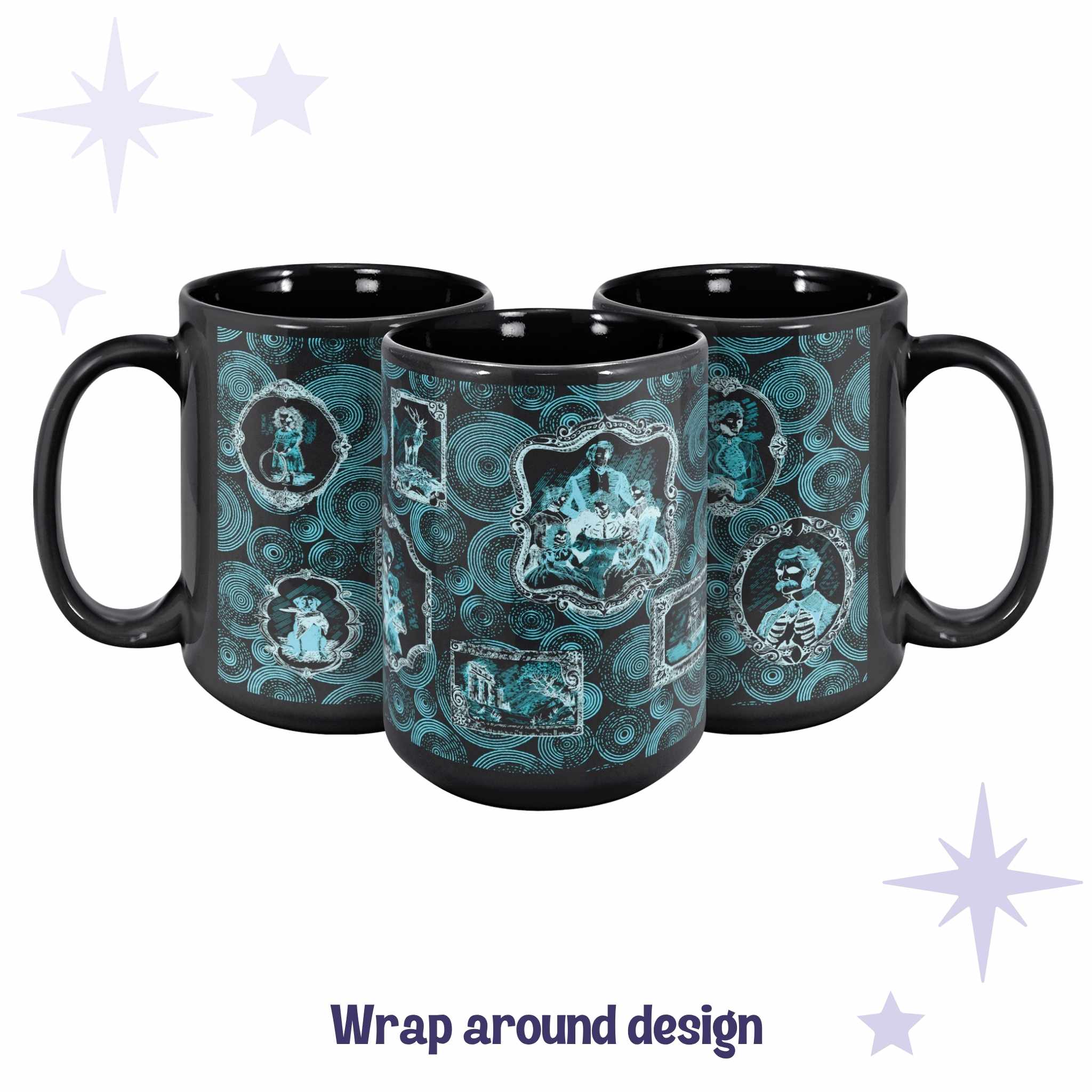 Three black ceramic mugs arranged to show the full wrap around teal Victorian zombie portrait gallery pattern