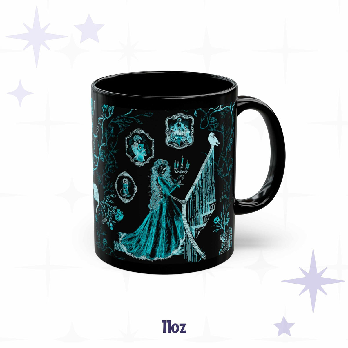 11 oz teal zombie toile mug showing an undead hostess in a ball gown with a candelabra on a grand staircase, a raven above her