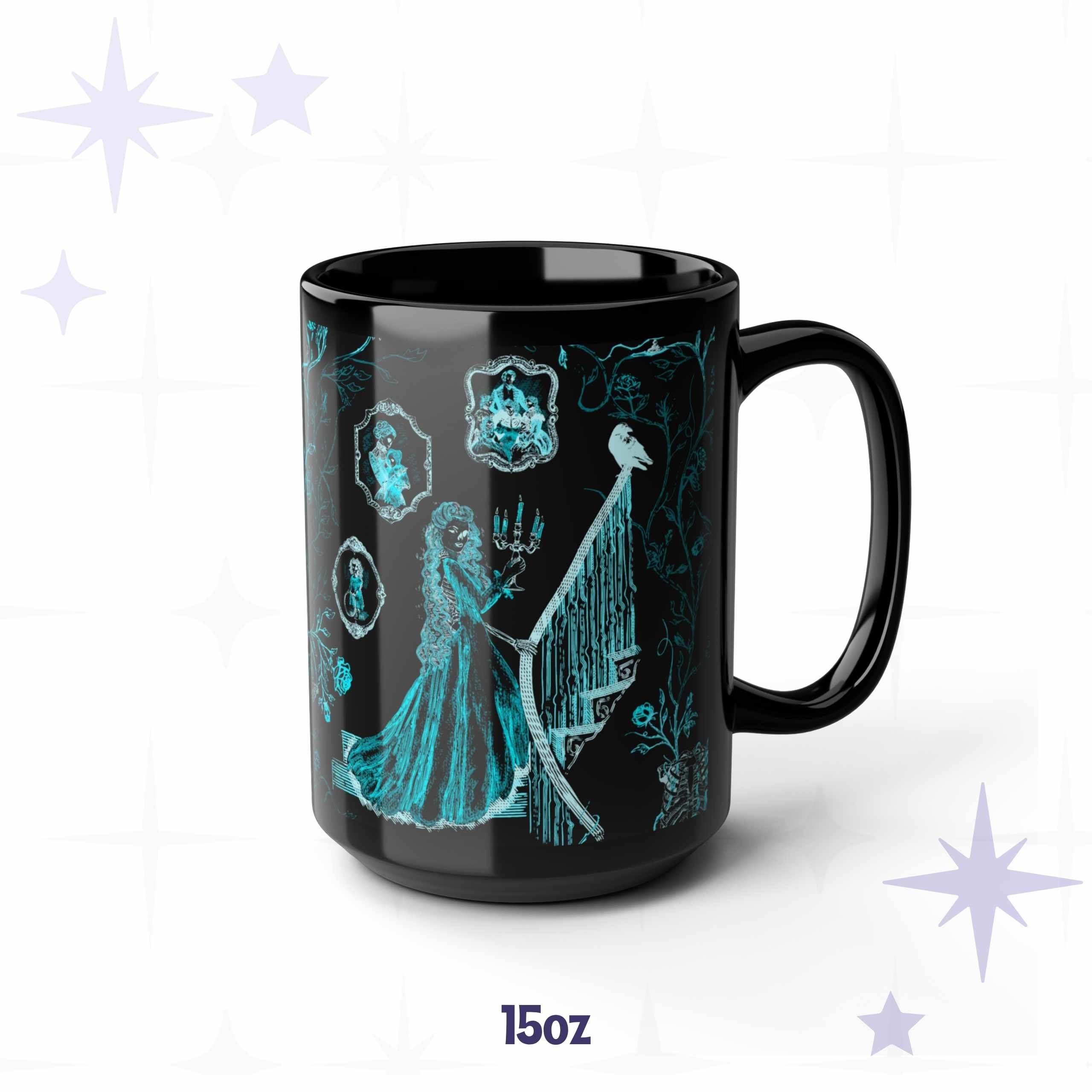 15 oz neon teal toile mug with a candlelit staircase, cameo portraits, and a rib cage on glossy black