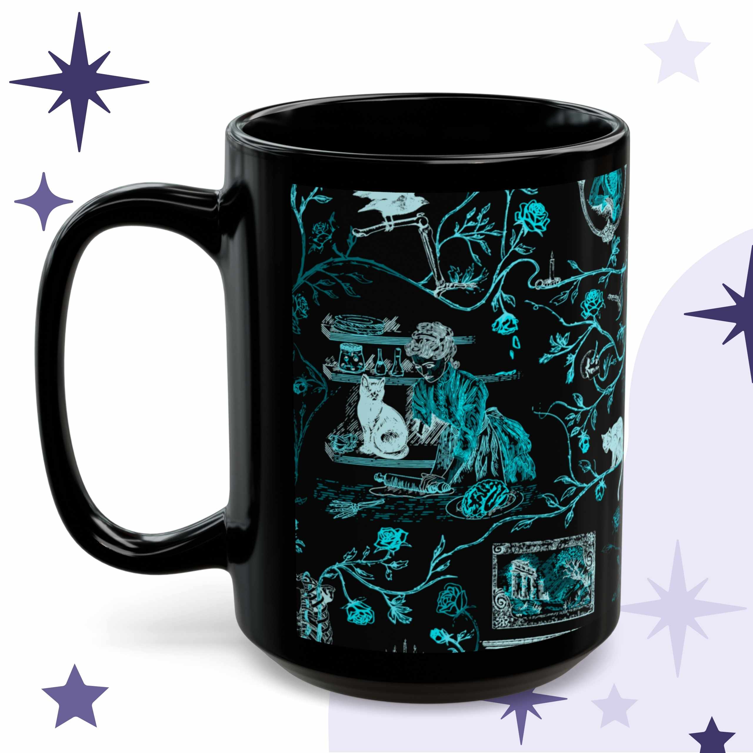 Neon teal zombie toile mug in black ceramic showing an undead hostess at a still room table with a cat, specimen jars, and brains on a plate
