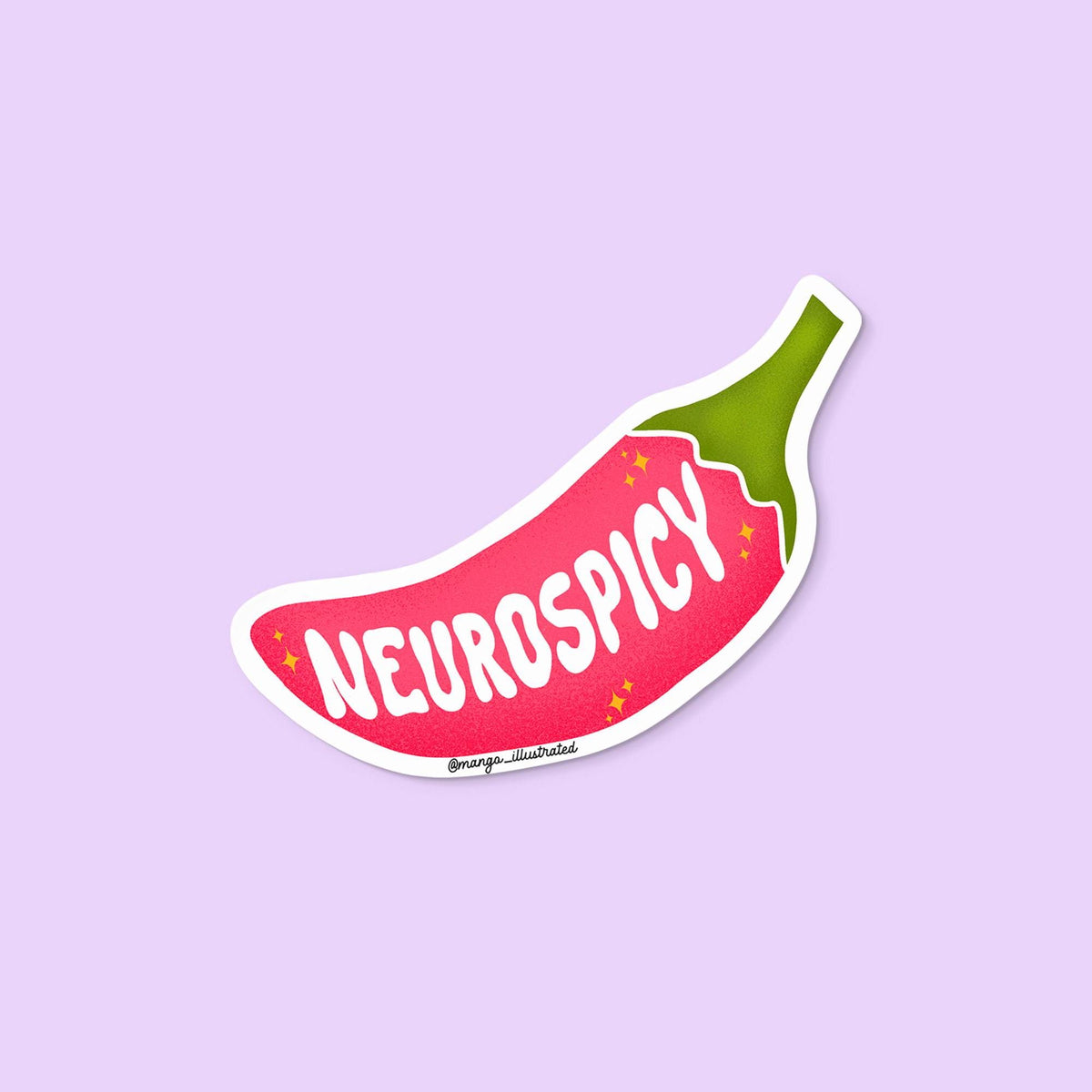 Neurospicy sticker — "neurospicy" hand lettered across a hand drawn chili pepper, by MangoIllustrated