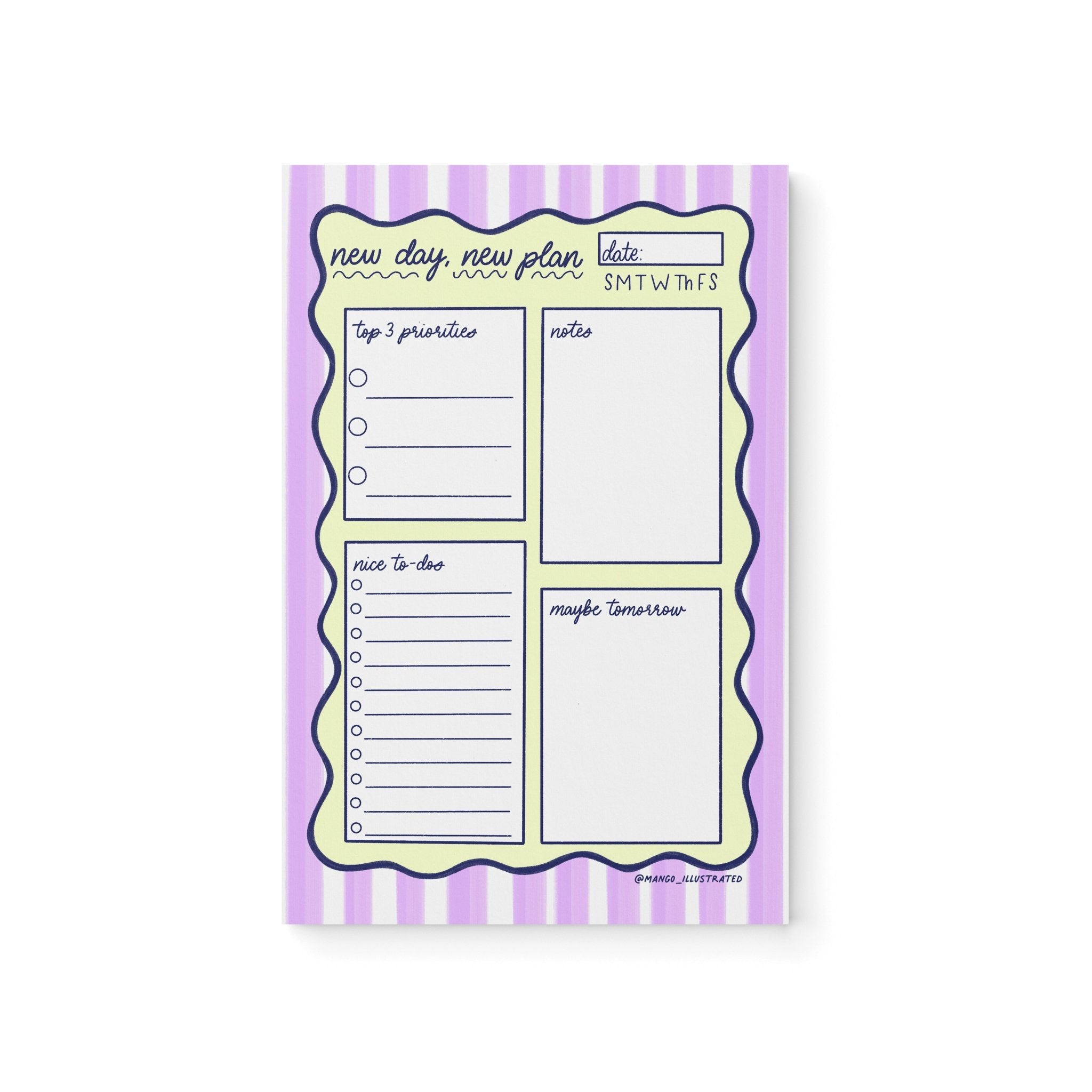New Day New Plan Daily Planner Notepad — lavender striped daily planner with priority and to-do boxes, 8.5 x 5.5 inches, by MangoIllustrated