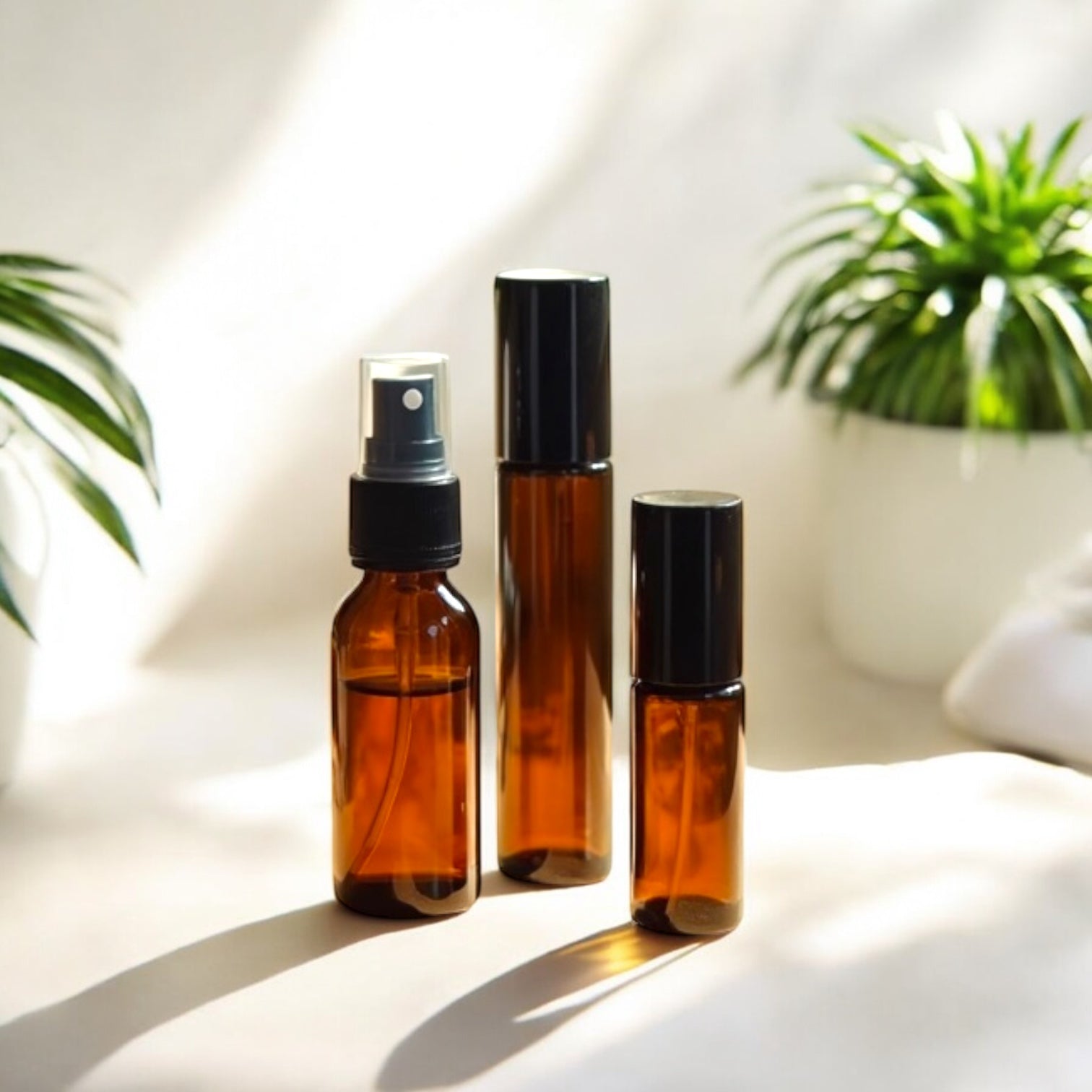 Amber glass roller ball and spray bottle