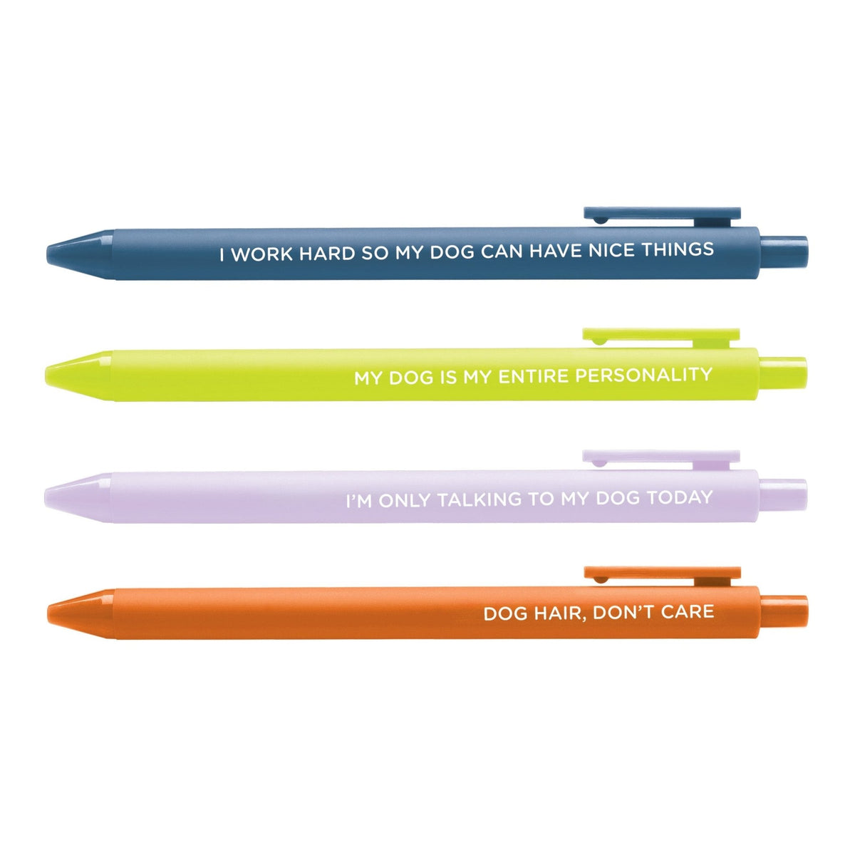 Obsessed With My Dog pen set — 4 jotter gel pens in navy, citron, lilac and orange with funny dog phrases, 0.5mm fine point, by MangoIllustrated