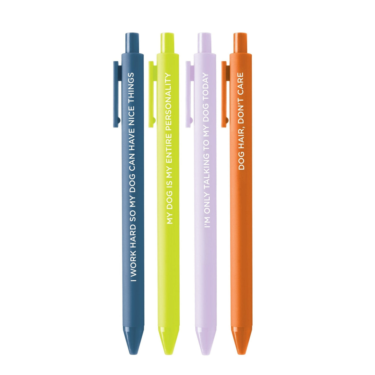 Obsessed With My Dog pen set detail — navy and citron jotter pens with printed lettering by indie artist MangoIllustrated