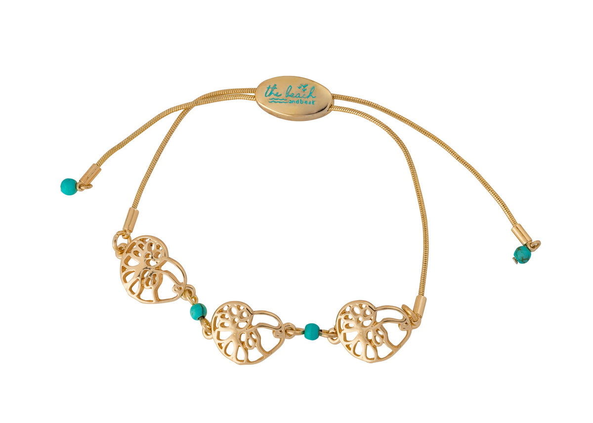 ocracoke triple slider bracelet with atlantic natica shells with turquoise accents tbabbr0007-gold