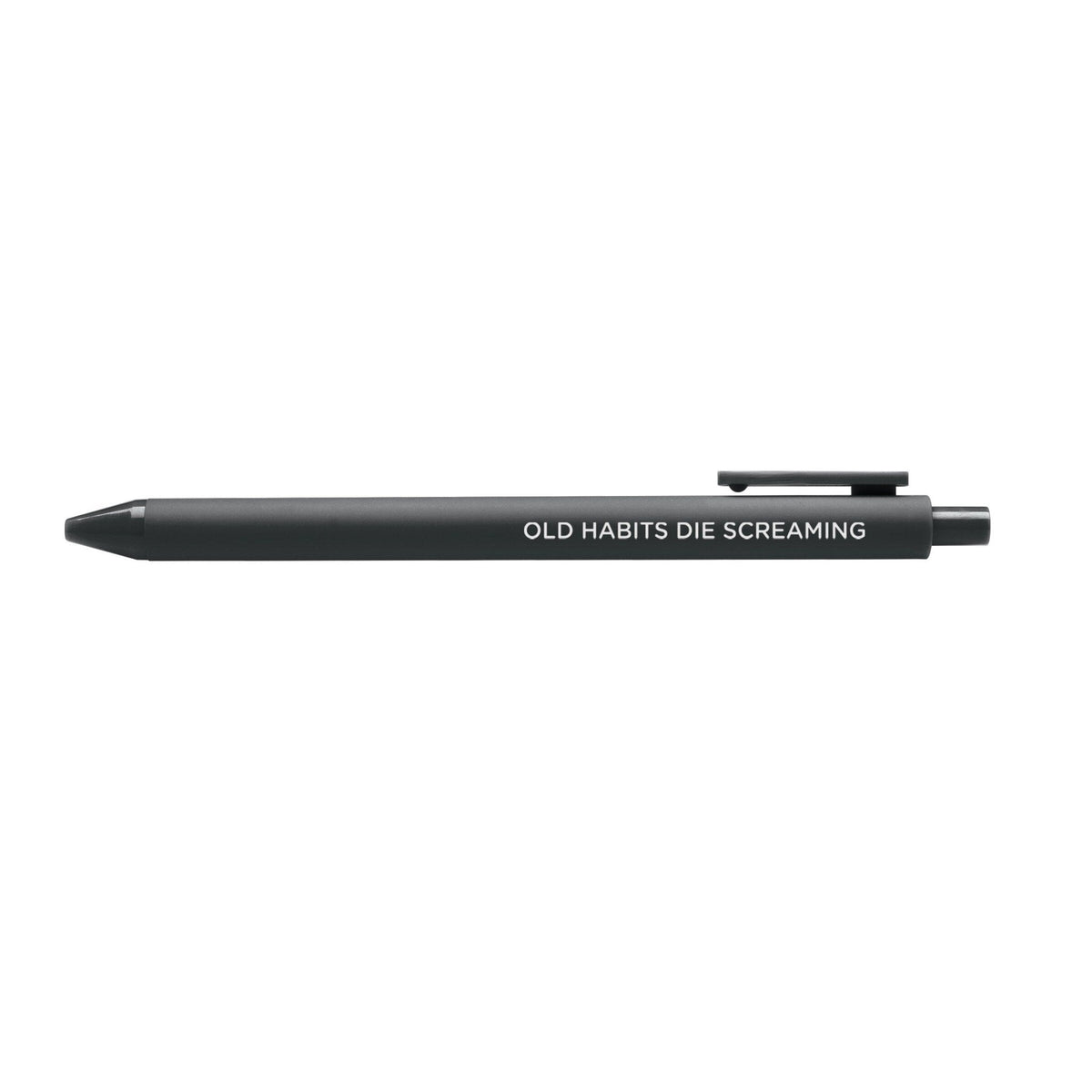 Old habits die screaming pen flat lay — black barrel funny desk pen by indie artist MangoIllustrated