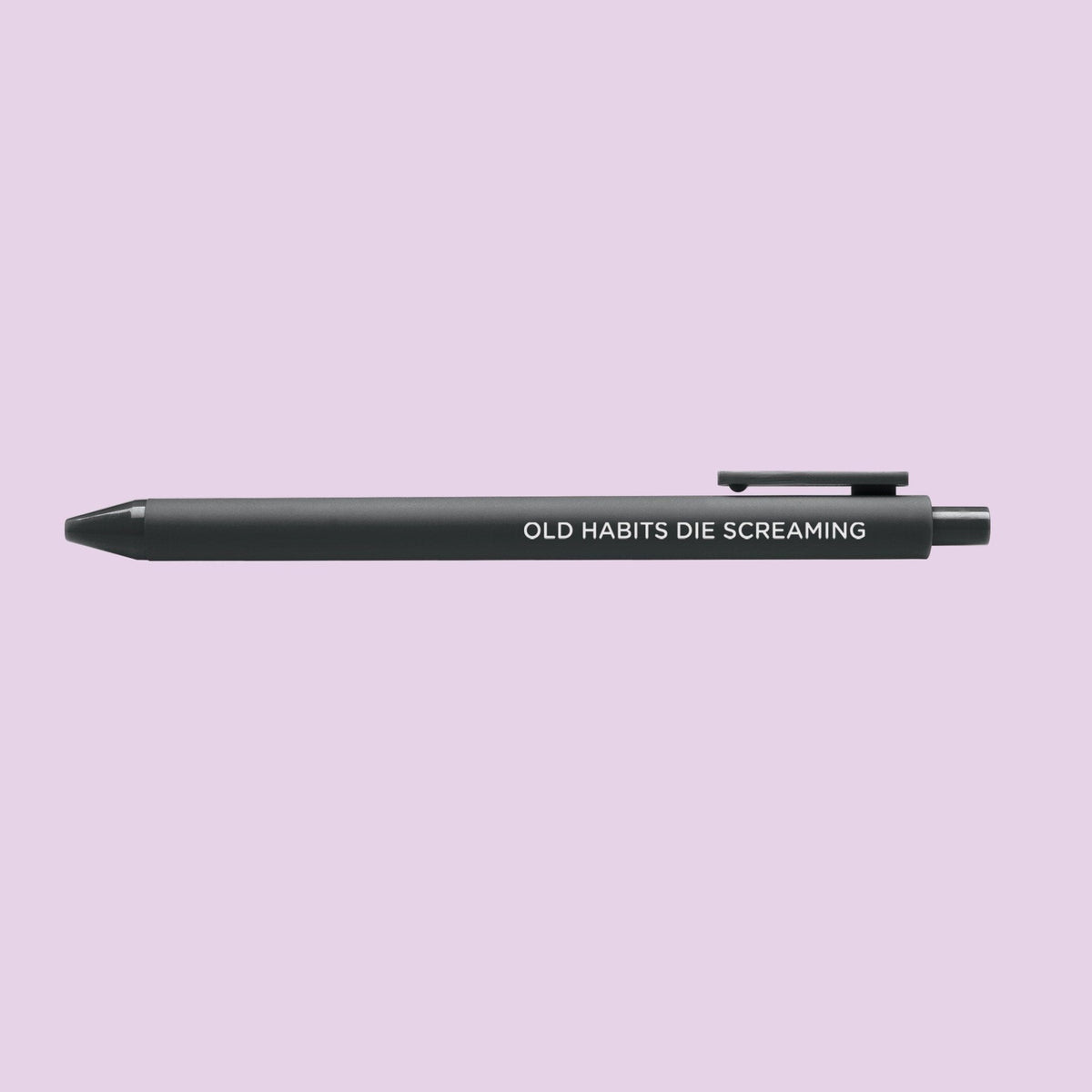 Old habits die screaming jotter gel pen — black barrel with white lettering and black gel ink, 0.5mm, by MangoIllustrated