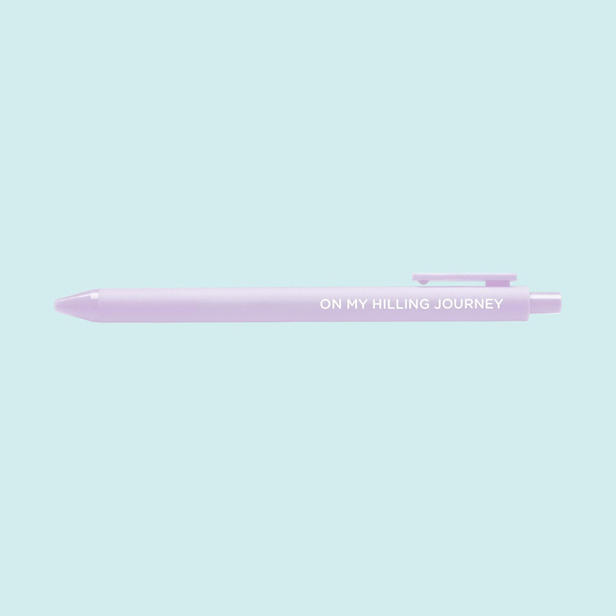 On my hilling journey pen — lilac reality TV fan gel pen with printed white lettering by indie artist MangoIllustrated