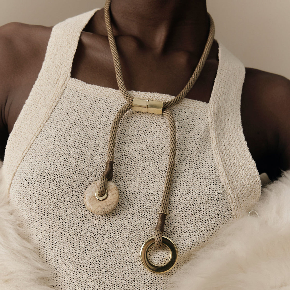Oshun handmade beige rope and jasper pendant necklace by Pichulik, ethical sustainable artisan jewelry brand, fair trade Cape Town South Africa