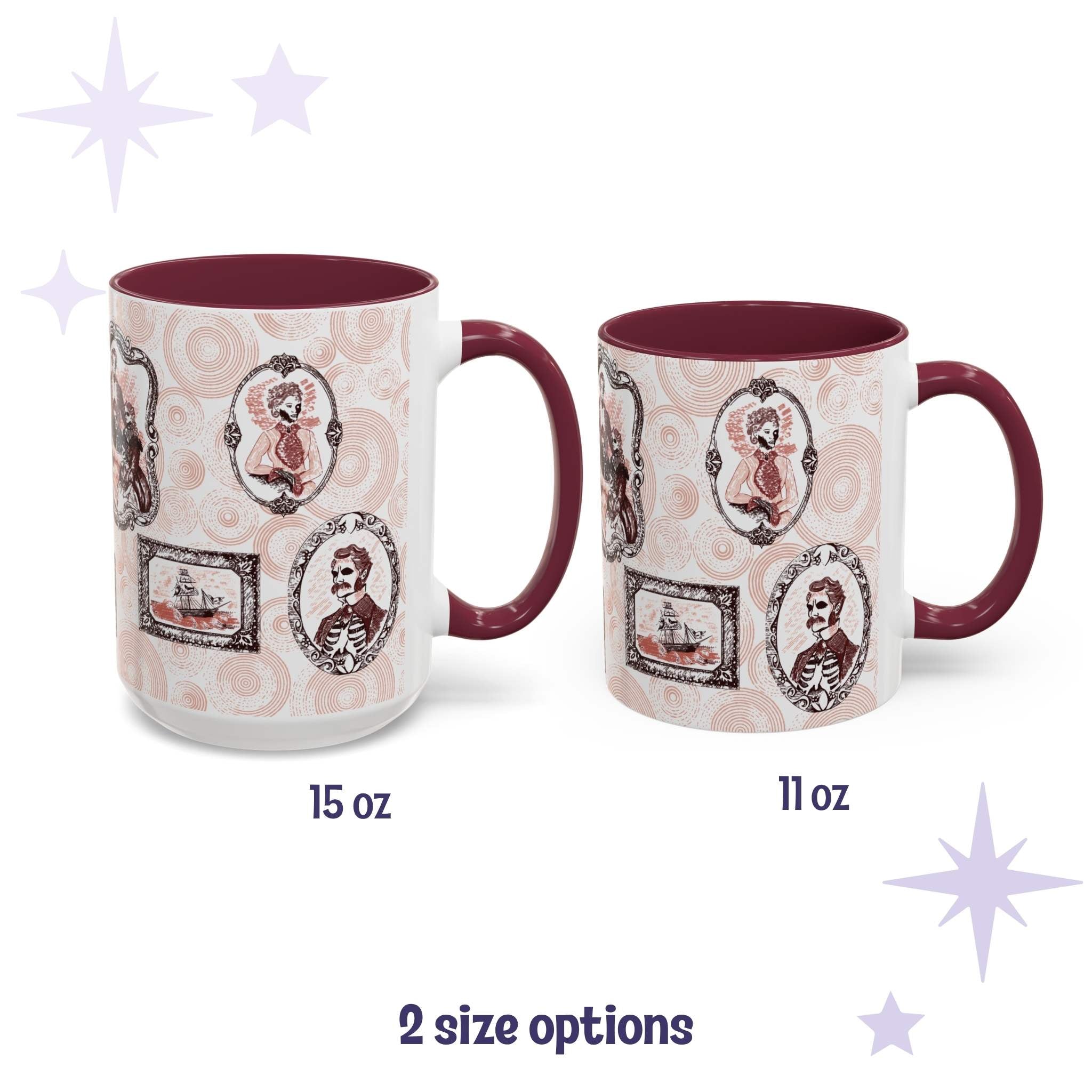 Two oxblood portrait mugs side by side in 15oz and 11oz sizes, both printed with red gothic gallery-wall frames and burgundy handles
