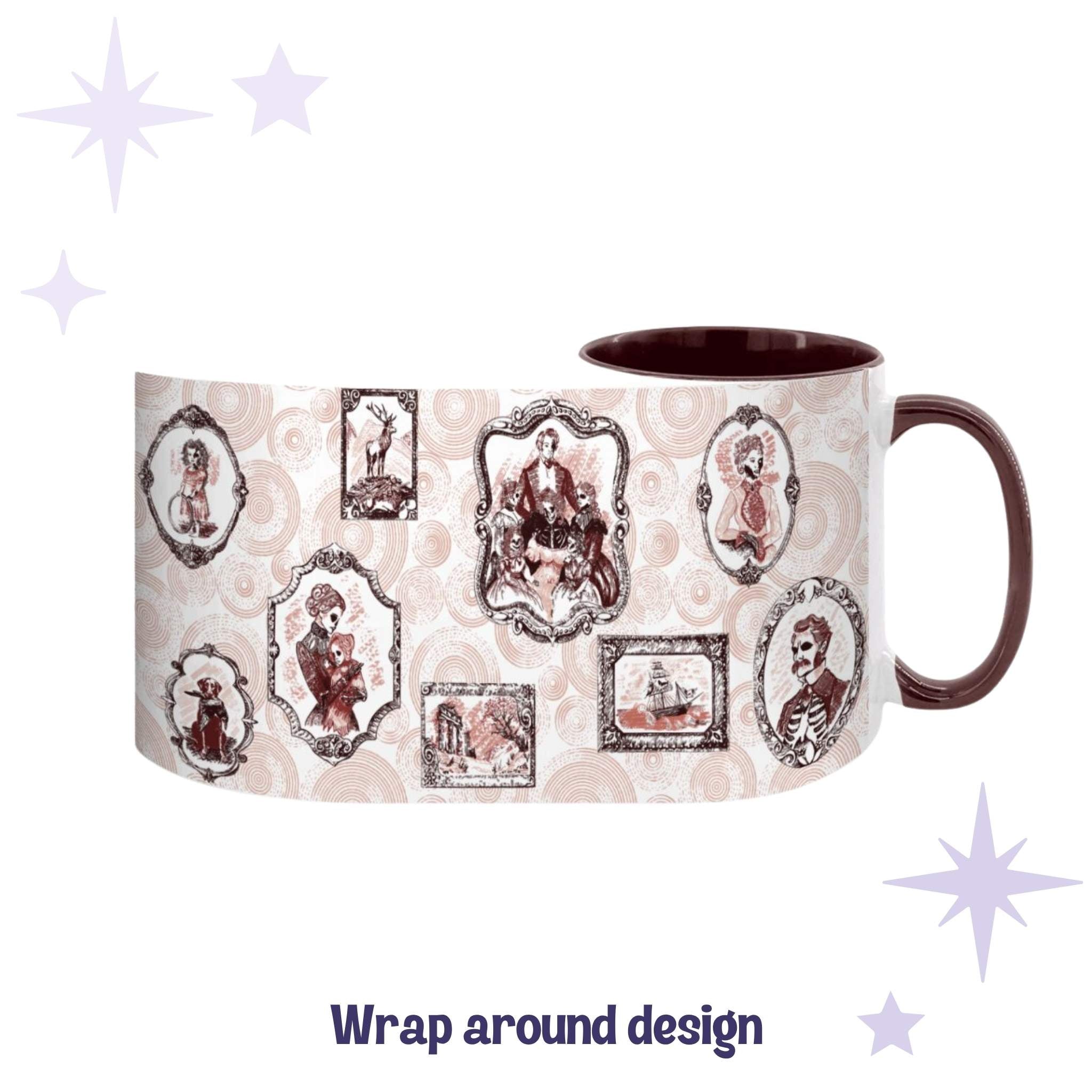 Flattened wrap-around view of the oxblood gallery design, nine red Victorian frames of dead ancestors, a stag on bones, a ghost ship, and classical ruins on a spiral ground