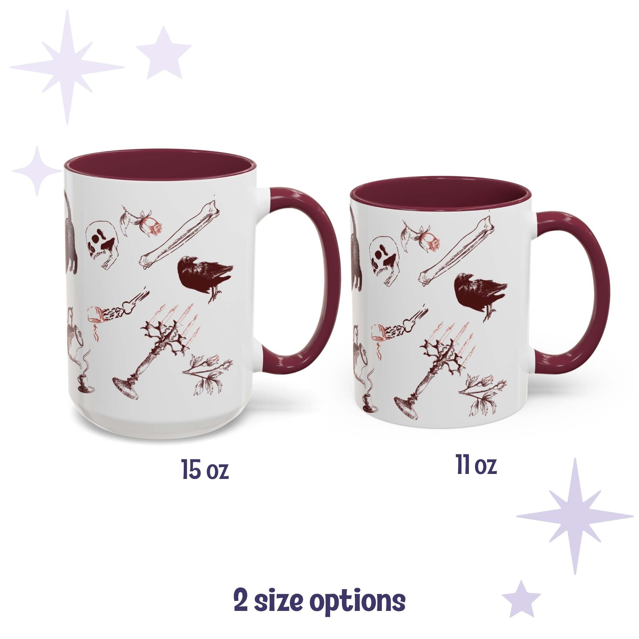 Two oxblood skull and bones mugs side by side in 15oz and 11oz sizes, red scatter print of skulls, black cats, and a skeletal tea service, burgundy handles