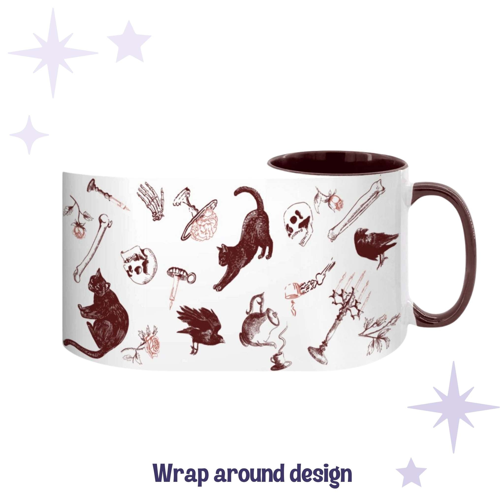 Flattened wrap-around view of the oxblood icons design, red scatter print of two black cats, ravens, a skull, loose bones, a brain on a cake stand, and a candelabra
