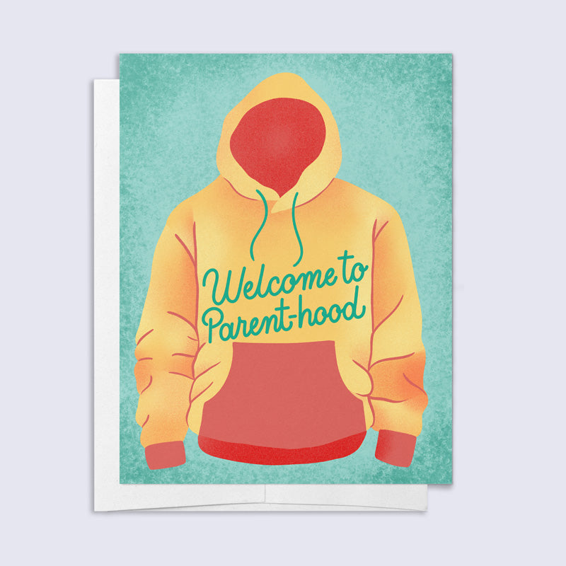 Greeting card with a yellow hoodie and &