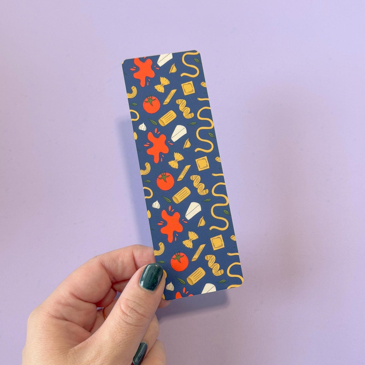 Pasta bookmark detail — hand drawn pasta shapes and tomatoes close up by indie artist MangoIllustrated