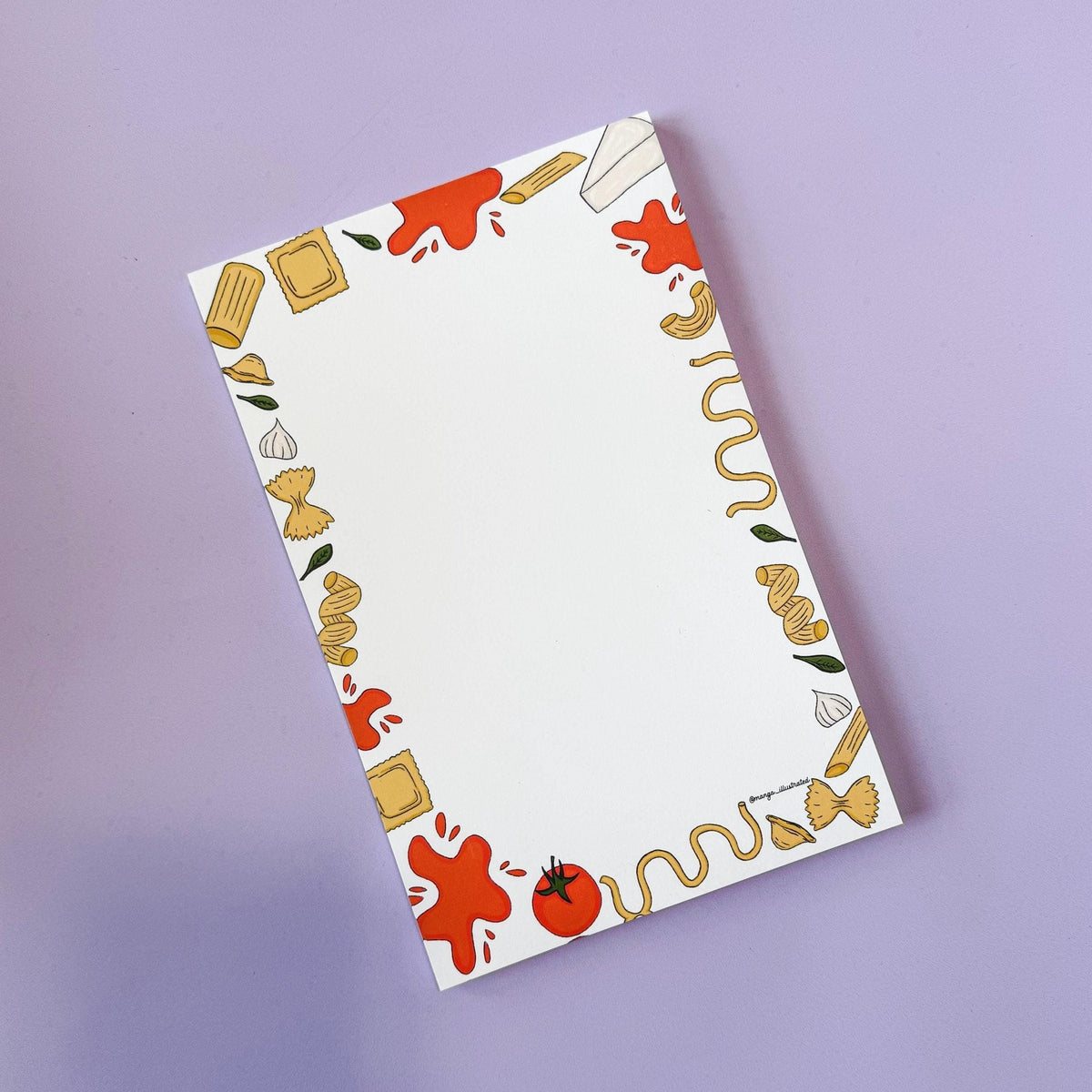 Pasta notepad flat lay — foodie stationery gift for pasta lovers by indie artist MangoIllustrated