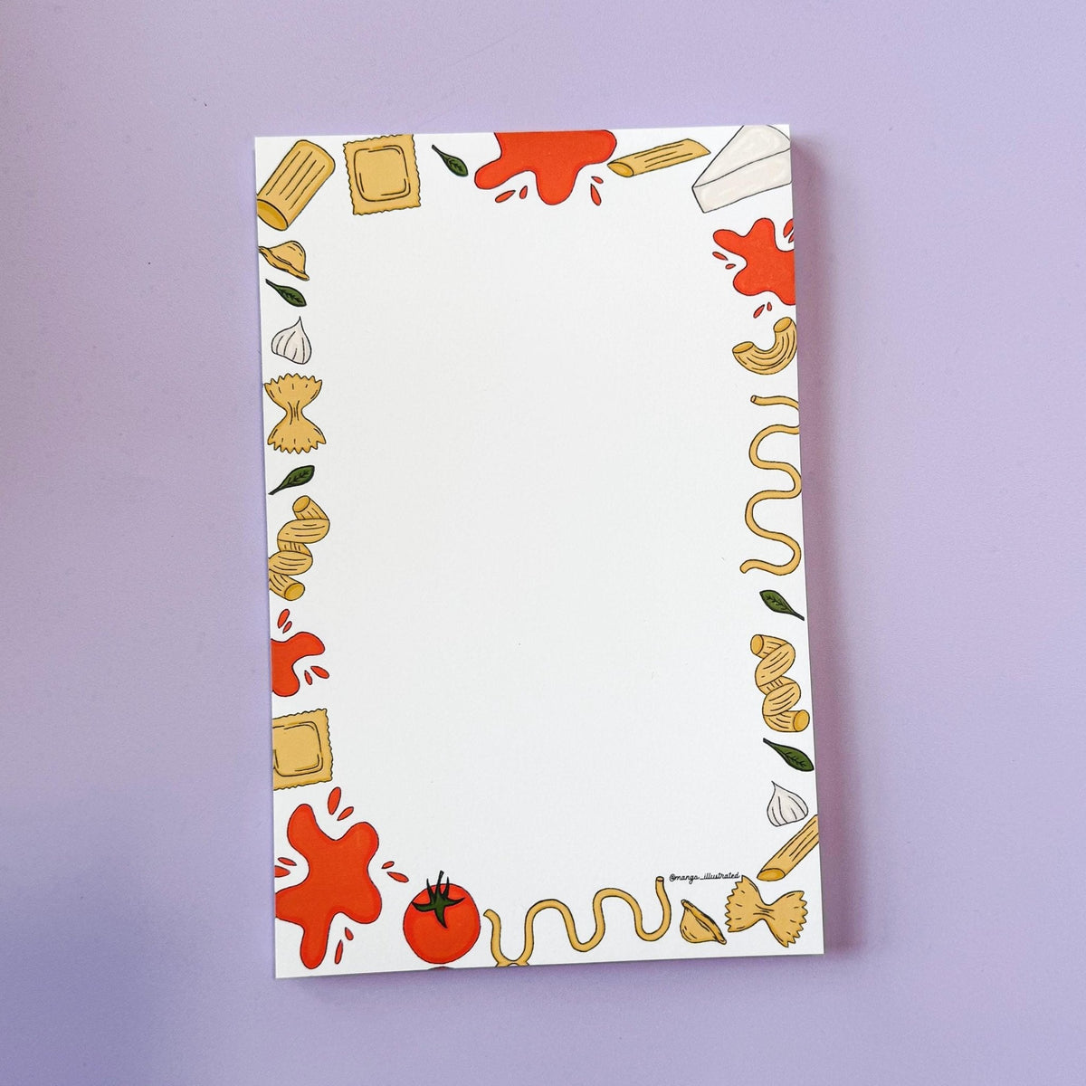 Pasta notepad detail — hand drawn pasta shapes illustration close up by indie artist MangoIllustrated