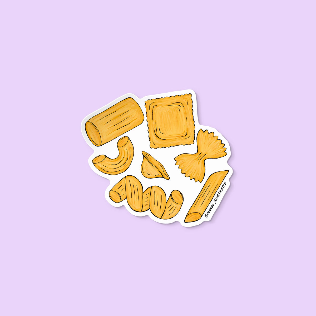 Pasta sticker — hand-drawn assortment of pasta shapes including penne, rigatoni, ravioli and farfalle, approximately 3 in x 3 in, by MangoIllustrated