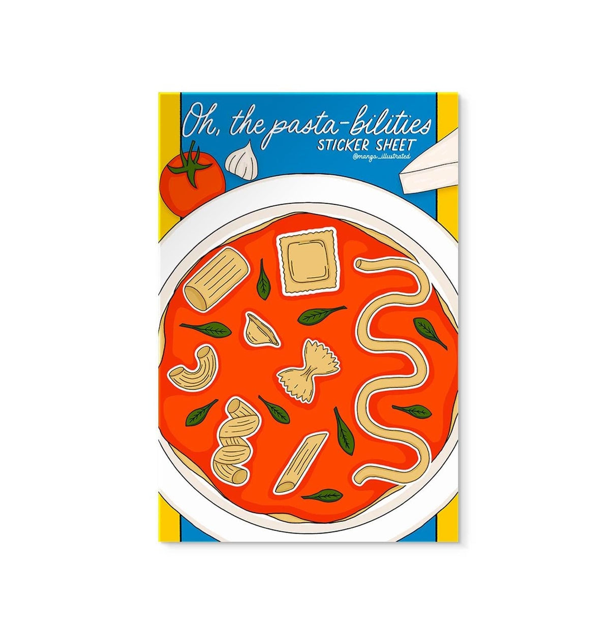 Pasta Sticker Sheet styled — oh the pasta-bilities illustrated foodie sticker sheet by MangoIllustrated