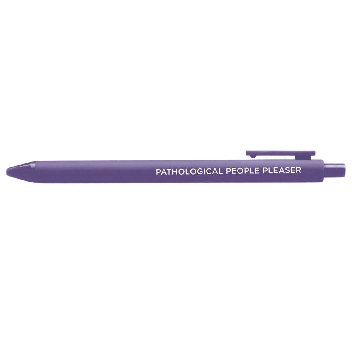 Pathological People Pleaser jotter gel pen — Pathological People Pleaser embossed on a purple barrel, 0.5mm fine point, by MangoIllustrated