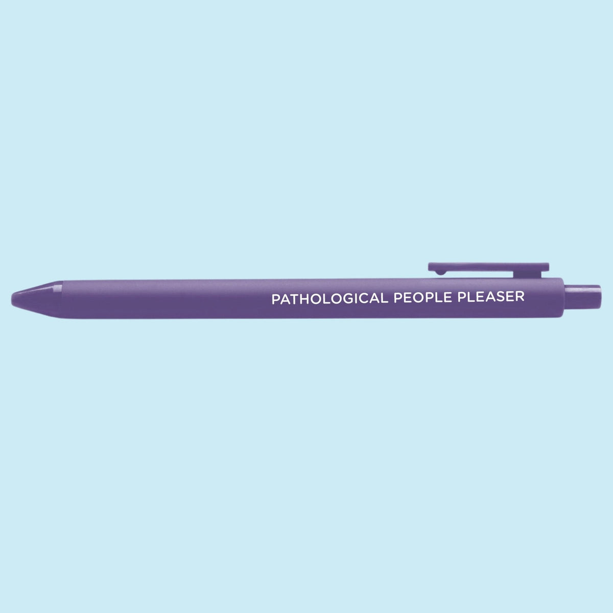 Pathological People Pleaser jotter gel pen detail — close up of the embossed lettering on the purple barrel by MangoIllustrated