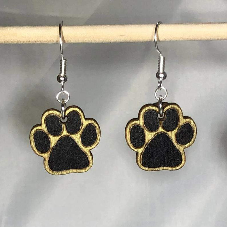 Paw Print Dangle Earrings - Black and Gold Dangle - Cate&