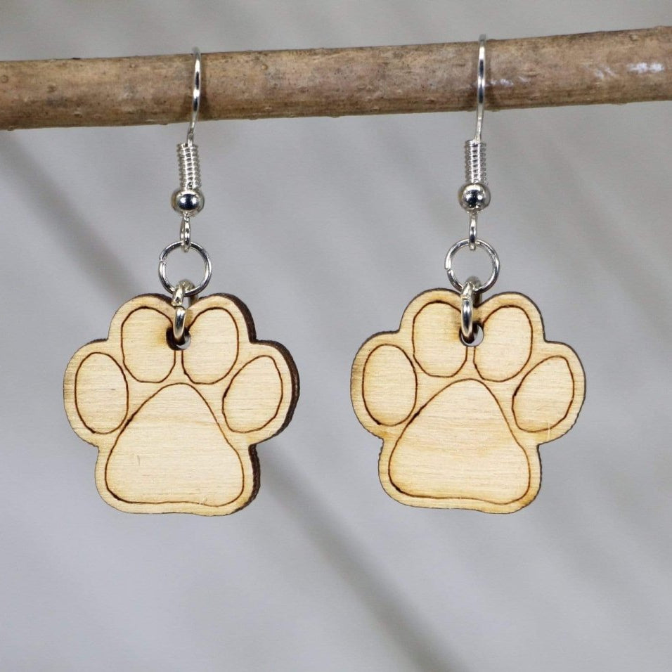 Paw Print Dangle Earrings - Natural Wood Dangle - Cate&