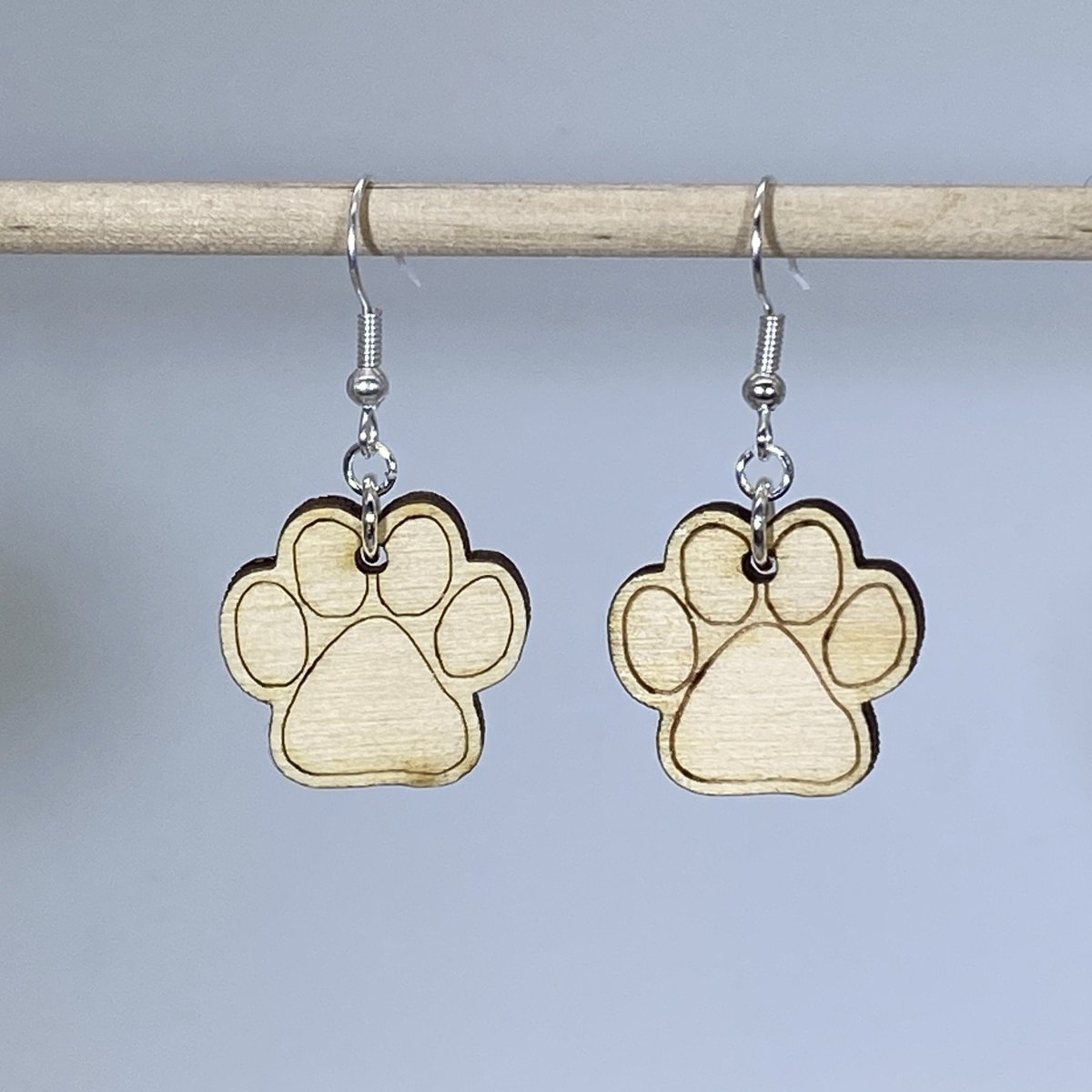 Paw Print Dangle Earrings - Natural Wood Dangle - Cate&