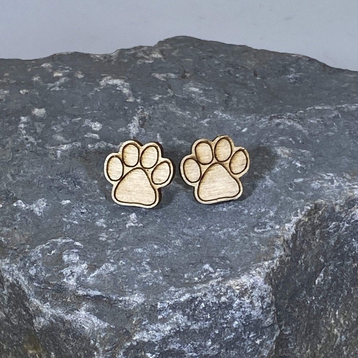 Paw Print Dangle Earrings - Natural Wood Studs - Cate&